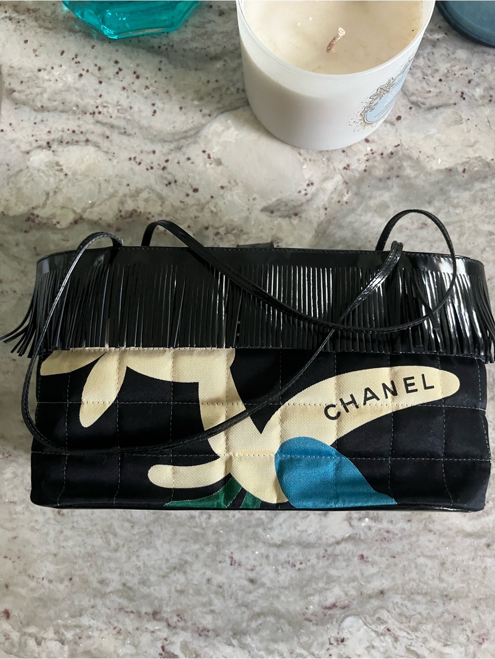 CHANEL Patent Canvas Fringe/quilted floral print bag. - Picture 4 of 15